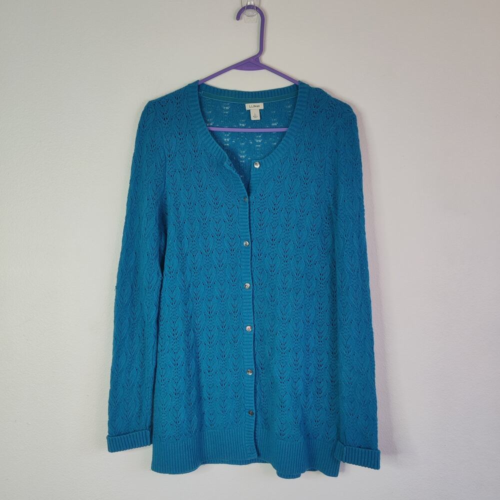 L.L. Bean Pointelle Knit Merino Wool Cashmere Cardigan Sweater Large Teal Blue